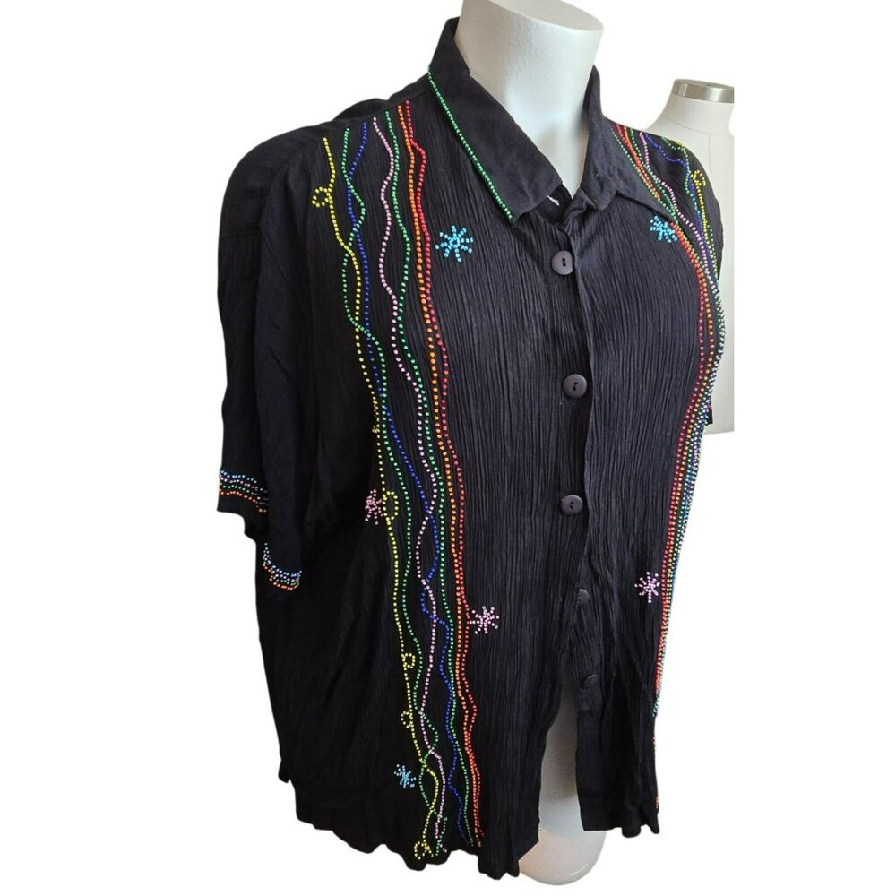 Black Crinkle Blouse With Colorful Beaded Embroidery Detail Size 4X JJ4089